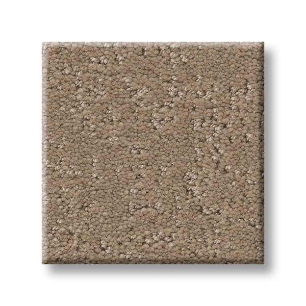 A square sample of Canvas Comfort Blue Family Friendly carpet, featuring a blend of looped and cut fibers in light brown, displayed on a white background.