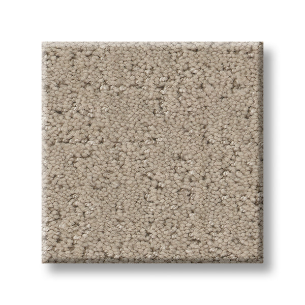 A close-up of the Canvas Comfort Blue Family Friendly carpet sample, featuring a square shape, beige color, and a soft, plush textured surface on a white background.