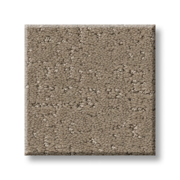 A square swatch of Canvas Comfort Blue Family Friendly carpet, featuring light brown color and a looped pile texture, is displayed on a white background to showcase its premium, family-friendly appeal.