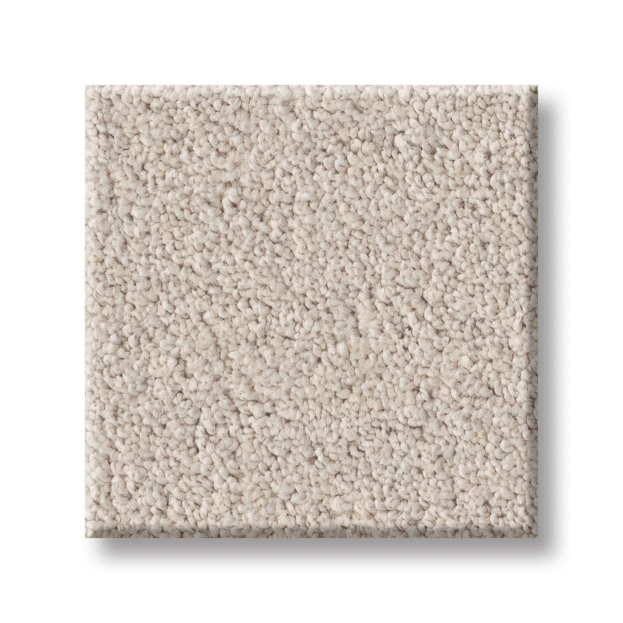 A square sample of Velvet Touch I Pet Friendly Carpet in light beige with a soft, plush, textured pile is shown against a white background—ideal for anyone seeking luxurious, pet-friendly flooring.