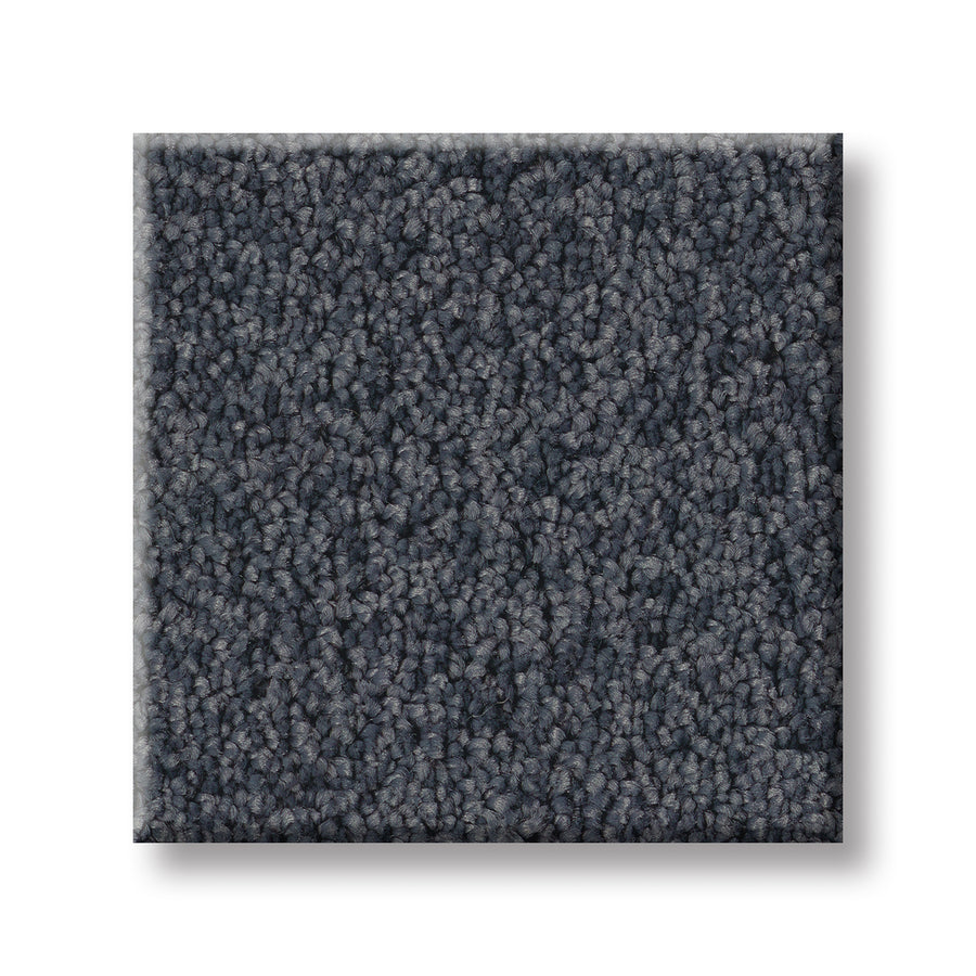 A close-up of a square swatch of Velvet Touch I Pet Friendly Carpet in dark gray, displayed on a white background, emphasizes its luxurious texture.