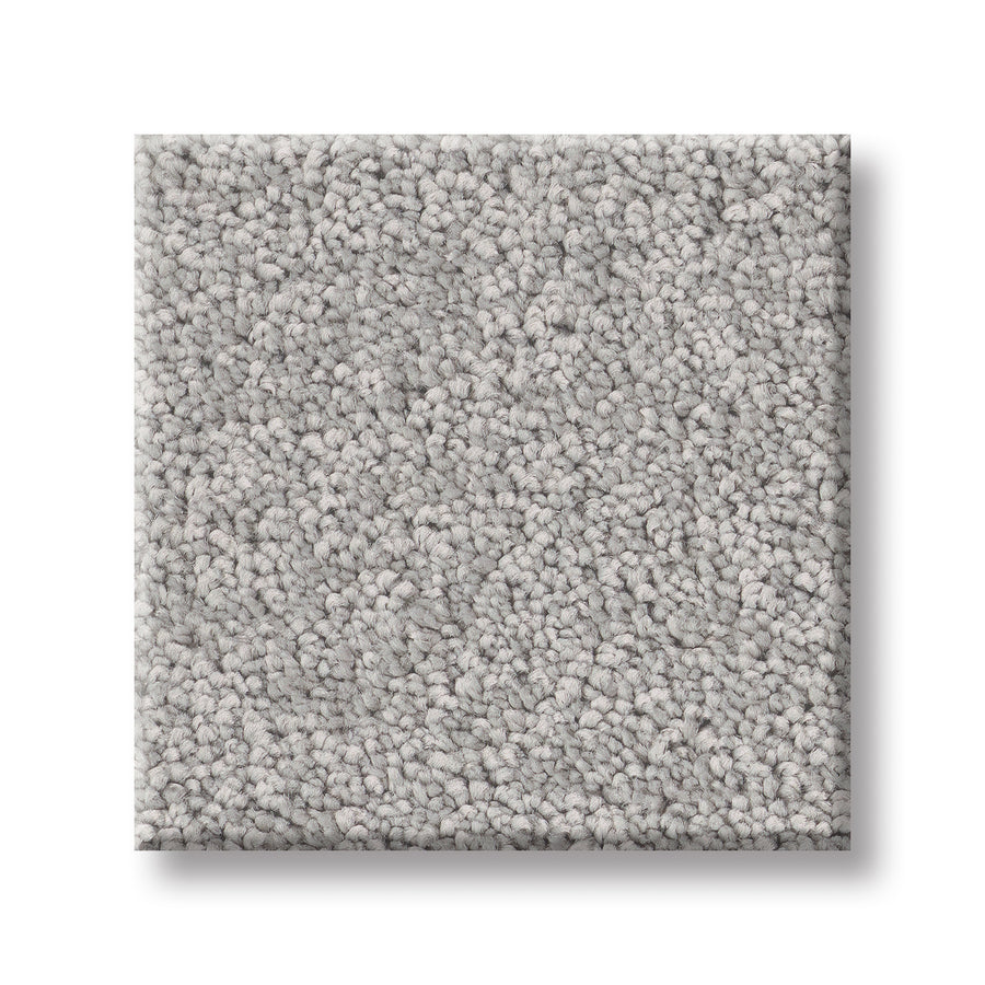 A square sample of Velvet Touch I Pet Friendly Carpet in light gray with a soft, looped pile is shown on a white background—ideal for adding luxury to any space and perfect as a pet friendly carpet.