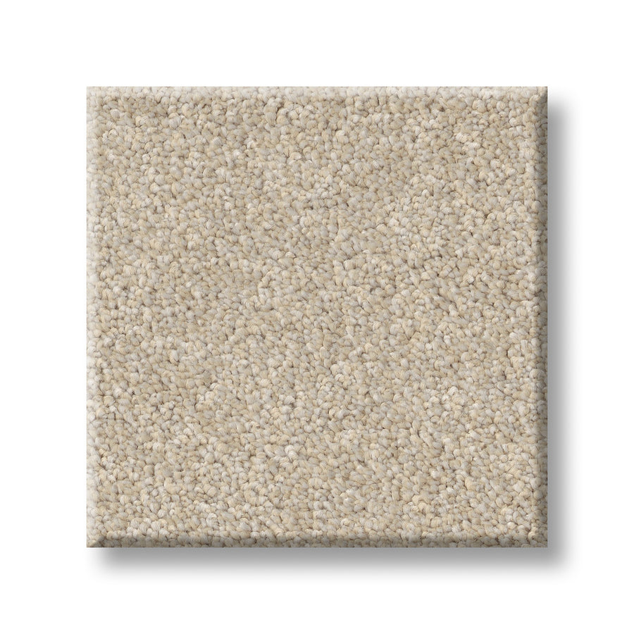 A square swatch of Vivid Touch I Pet Friendly Carpet in light beige features a soft, textured looped pile for durability and style, shown on a white background.