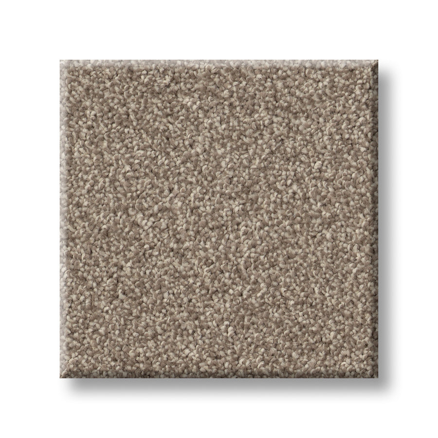 A square sample of Vivid Touch I Pet Friendly Carpet, light brown with textured, tightly woven fibers for durability and pet-friendliness, is shown against a white background.