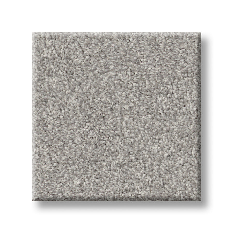 A square sample of Vivid Touch I Pet Friendly Carpet in light gray with a soft, textured, and plush surface is displayed against a white background.