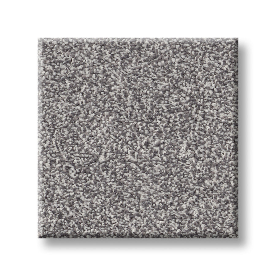 A square sample of Vivid Touch I Pet Friendly Carpet in gray, featuring a mix of light and dark fibers on a white background—designed for durability and pet-friendly performance in modern living spaces.