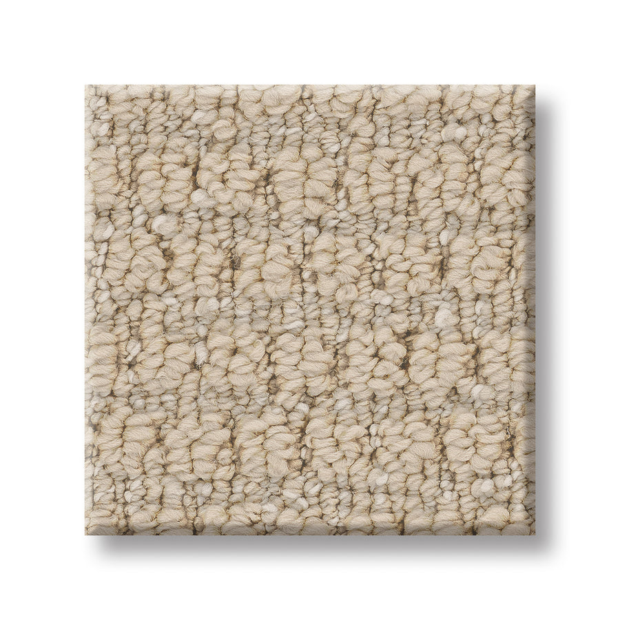 A square sample of Cozy Embrace Pet Friendly Carpet in textured beige with a looped pile, shown on a white background—durable and luxurious for lasting comfort in any room.