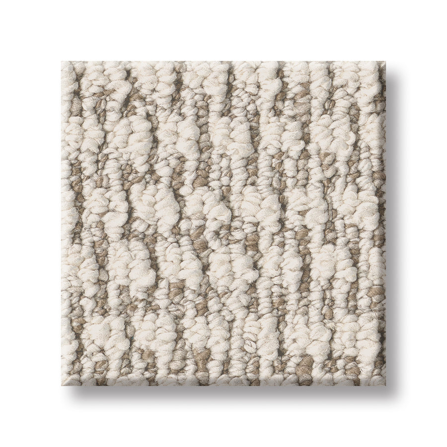 A square sample of Cozy Embrace Pet Friendly Carpet in light beige and taupe with a luxurious, looped texture, combining comfort and style—displayed on a white background.