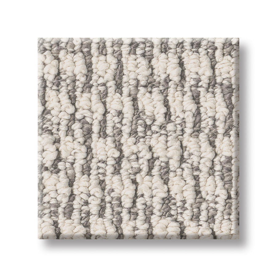 Cozy Embrace Pet Friendly Carpet sample: square shape with a textured, looped pile in cream and gray stripes for a soft, raised look. Stylish and comfortable, ideal for homes with pets. Shown against a plain white background.