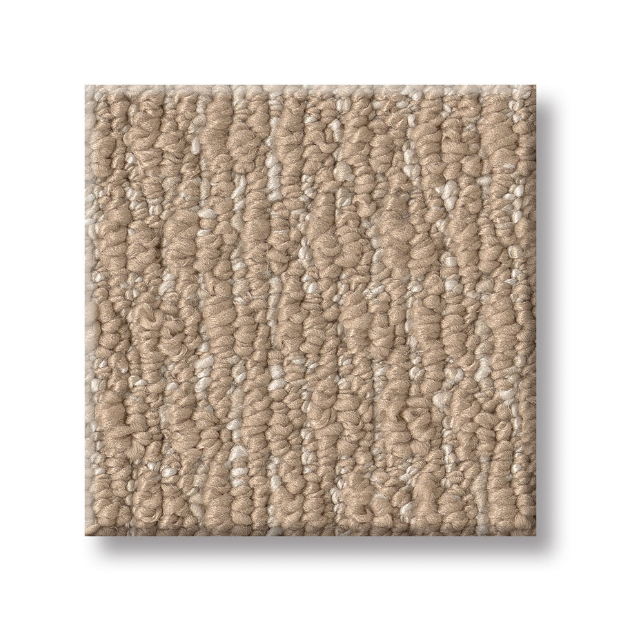 A close-up of Cozy Embrace Pet Friendly Carpet shows its square beige sample with looped fibers, blending light and medium beige tones for luxurious comfort. Displayed on a crisp white background, it's perfect for pet-friendly homes.