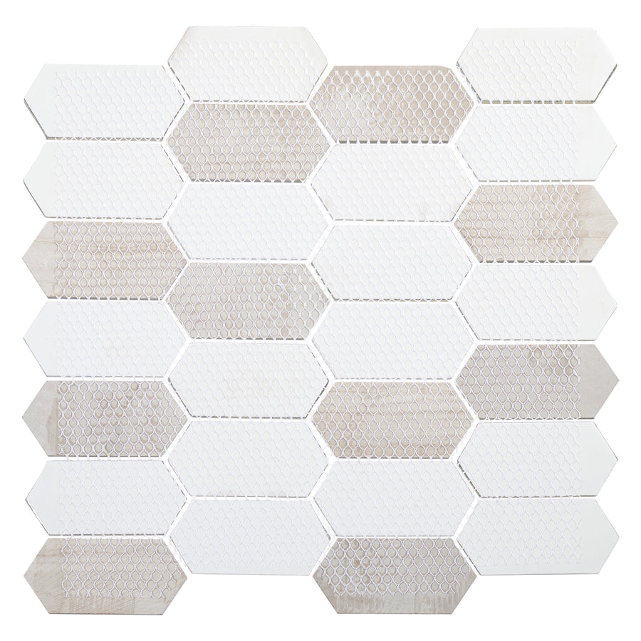 The Modular Gardens 12" x 12" Ceramic Tile in Egret Field showcases elongated hexagons in white and light beige, with select tiles featuring textured or mesh-like finishes, arranged horizontally for a refined geometric look.