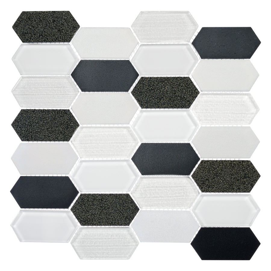 A geometric tile pattern with repeating elongated hexagons in black, white, and speckled textures, arranged in alternating rows using Modular Gardens 12" x 12" Ceramic Tile in Tivoli Square.