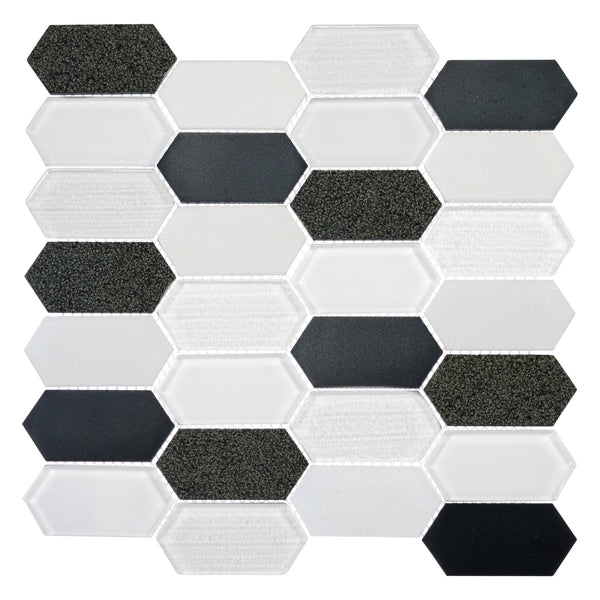 A geometric tile pattern with repeating elongated hexagons in black, white, and speckled textures, arranged in alternating rows using Modular Gardens 12