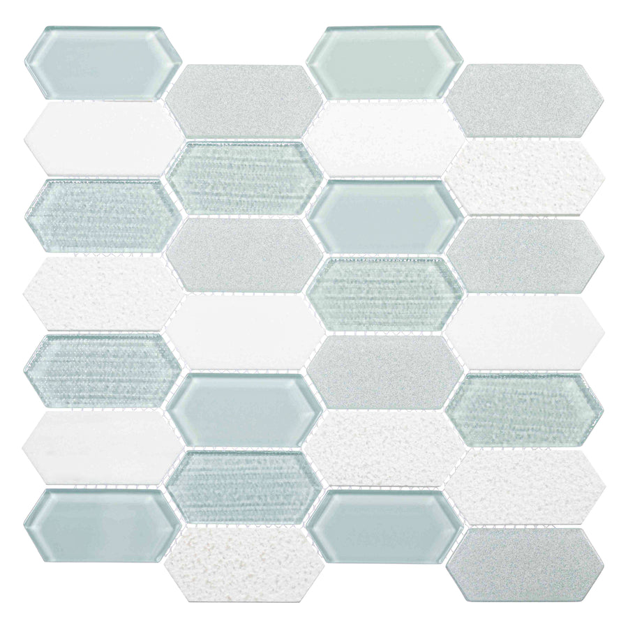 The Modular Gardens 12" x 12" Ceramic Tile in Mint Cove features alternating elongated hexagons in white, light gray, and pale blue, with varied textures and finishes arranged in a bold repeating pattern.