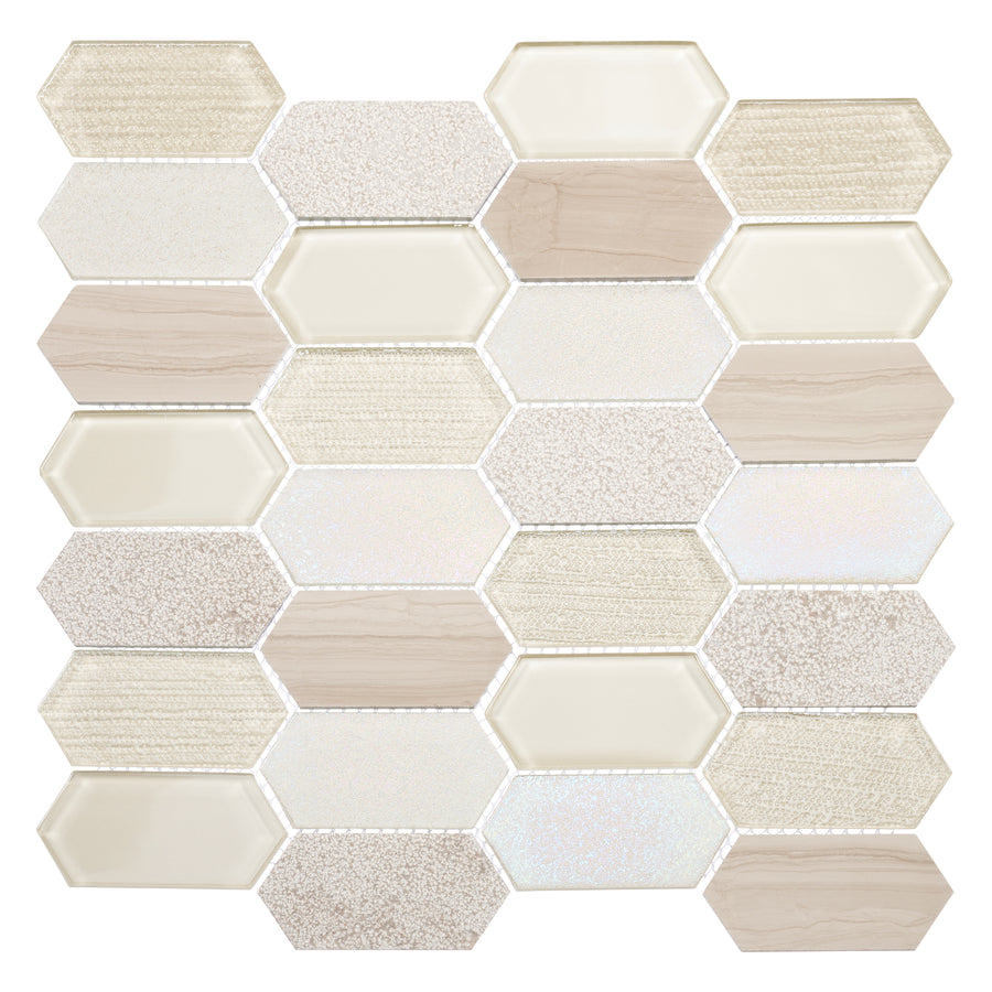 The Modular Gardens 12" x 12" Ceramic Tile in Parisian Park features alternating beige, cream, and off-white hexagons with varied textures and finishes, arranged in a staggered mosaic pattern.
