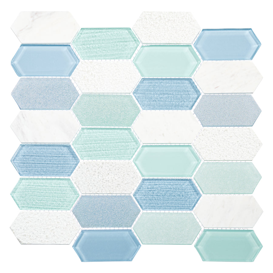 The Modular Gardens 12" x 12" Ceramic Tile in Luca Isle features elongated hexagon mosaics in blue, green, and white with glossy, matte, textured, and marble-like finishes—all arranged in a striking repeating pattern.