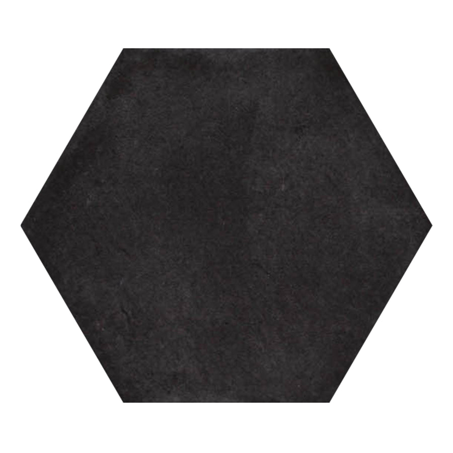 The Martha's Manor 4" x 5" Hexagon Ceramic Tile in Montigo Chimney features a solid black, slightly textured surface displayed on a white background.