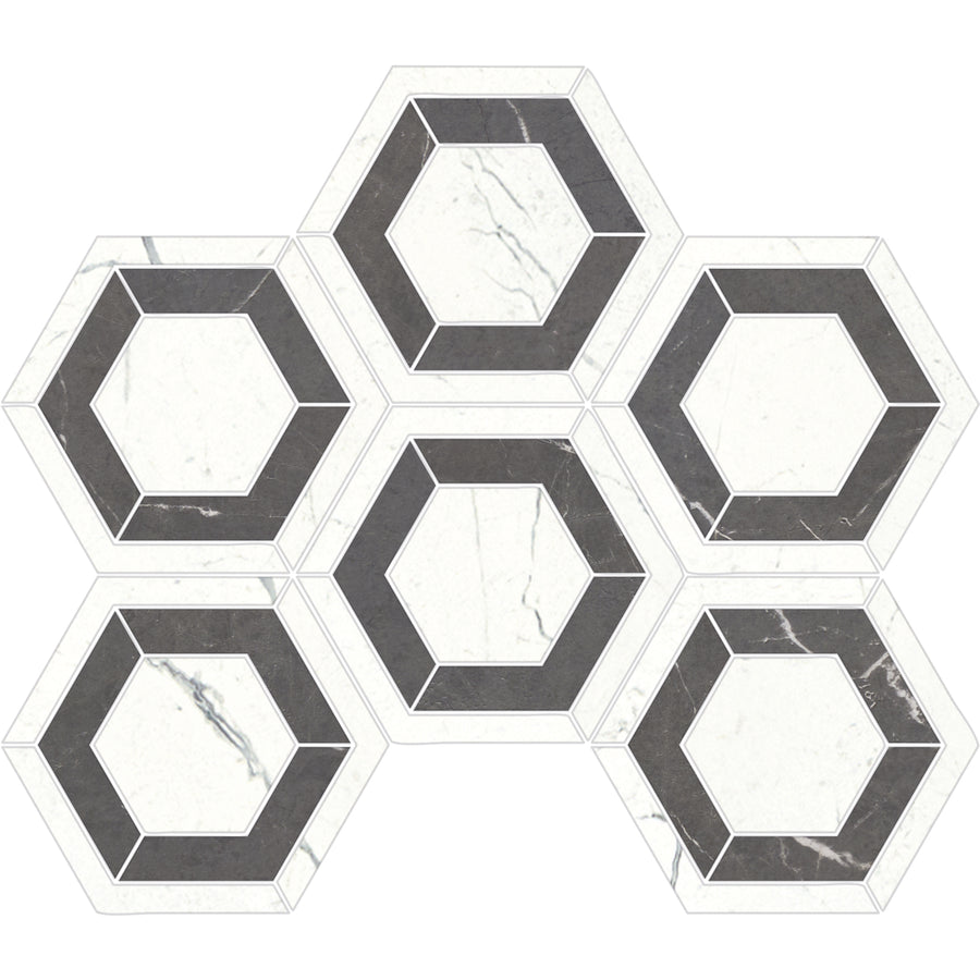 Six white hexagonal Monaco Intarsio Mosaic Porcelain Tiles, each with a dark gray border and central white hexagon, form a honeycomb pattern accented by thin gray marbling for an elegant look.