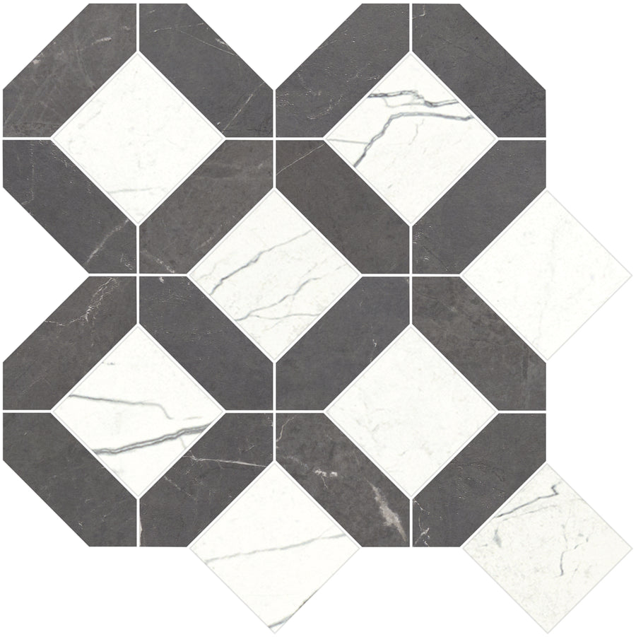 The Monaco Luxe Mosaic Porcelain Tile features white diamond shapes with gray veining, set within dark gray octagons for an interlocking grid design. Perfect as a luxurious marble-look or mosaic porcelain tile accent.