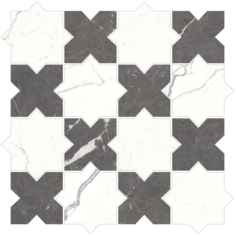 The Monaco Star & Cross Mosaic Porcelain Tile features a geometric pattern of white star and dark gray X shapes, some with subtle gray veining for a marble effect, creating a classic mosaic-inspired checkerboard design.