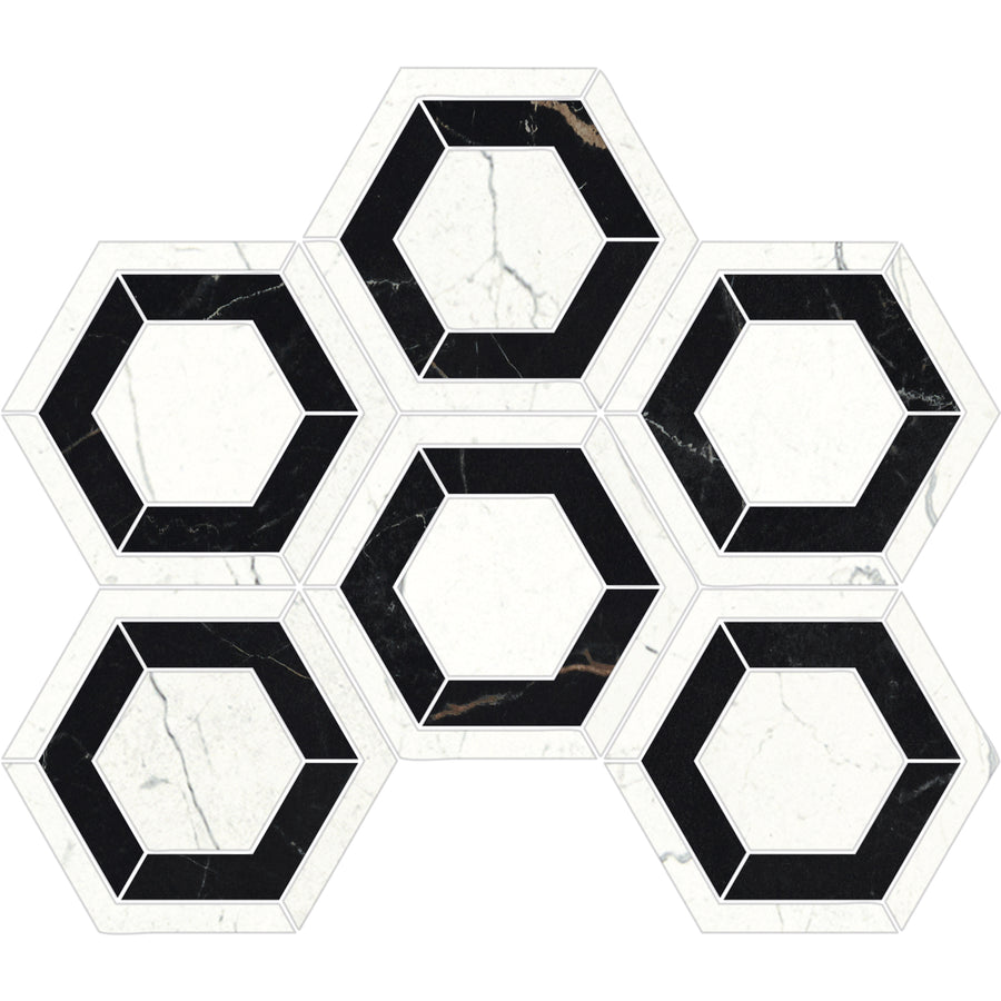 Featuring six interlocking white hexagons with black borders and marble-like veining, the Monaco Intarsio Mosaic Porcelain Tile brings geometric elegance and a touch of luxury to any space.
