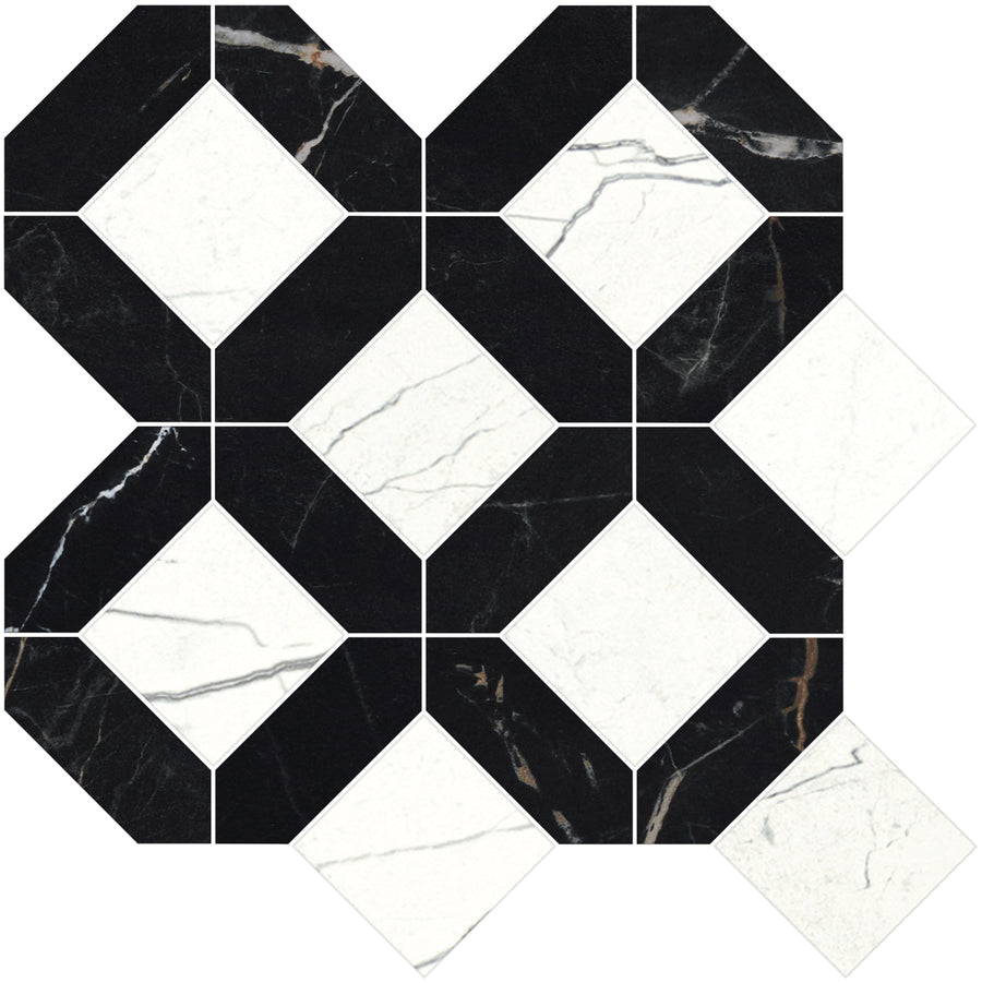 The Monaco Luxe Mosaic Porcelain Tile features a geometric pattern of alternating black and white marble-look squares and octagons, creating bold contrasts and a modern, symmetrical design.