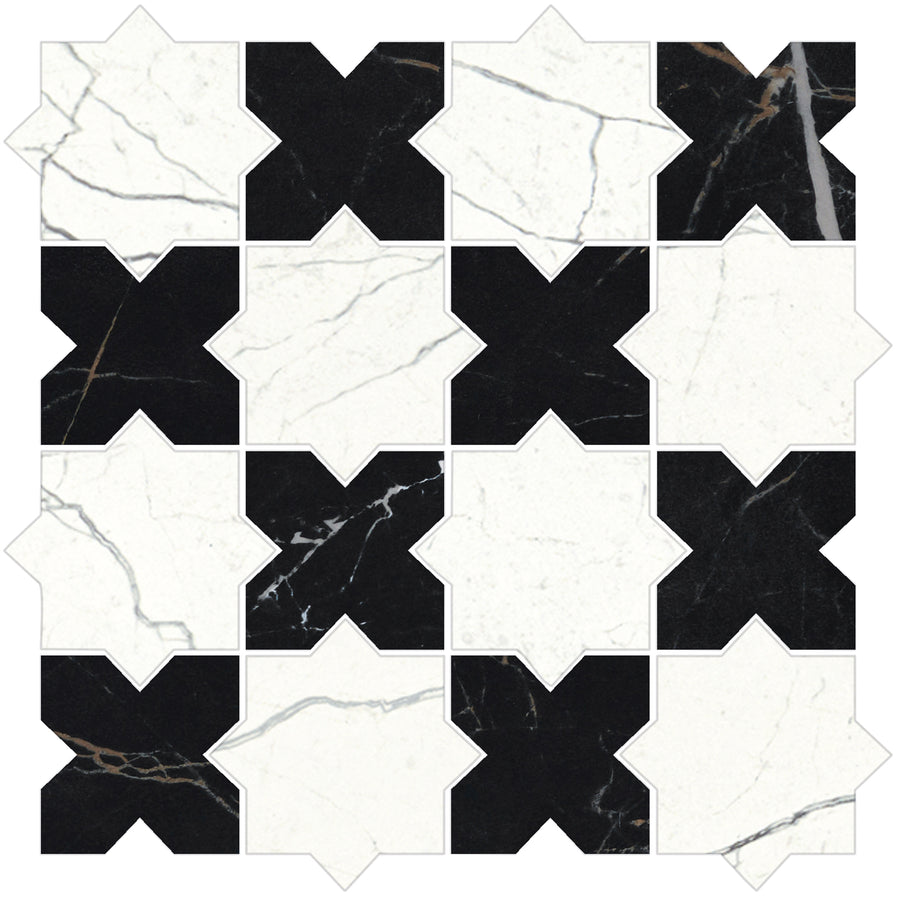 The Monaco Star & Cross Mosaic Porcelain Tile showcases a grid of alternating black and white star and cross shapes with marble-look veining, creating a bold, contrasting geometric mosaic design.