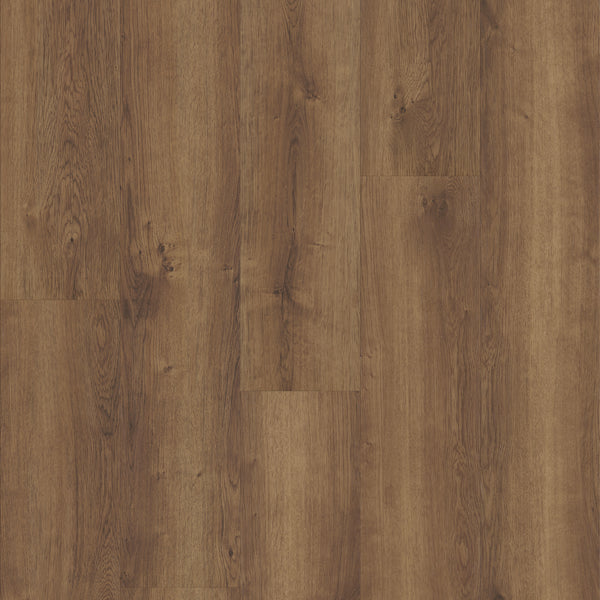 Close-up view of Coretec Pro Plus Vinyl luxury flooring featuring a warm brown tone, visible wood grain, and natural knots and patterns in a plank-style arrangement.