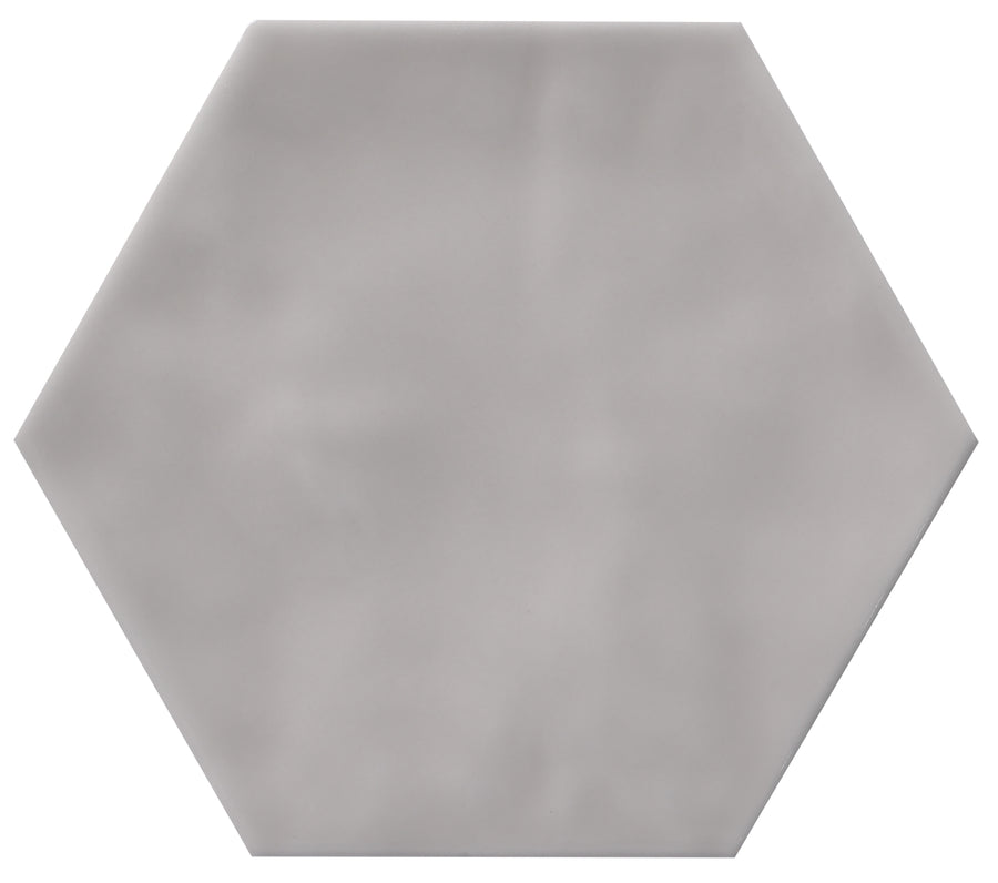 Zephyr 4.2x4.9 Hexagon Ceramic Tile: a light gray, matte-finish hexagonal ceramic tile, ideal for a subtle Mediterranean look. Special-order available.