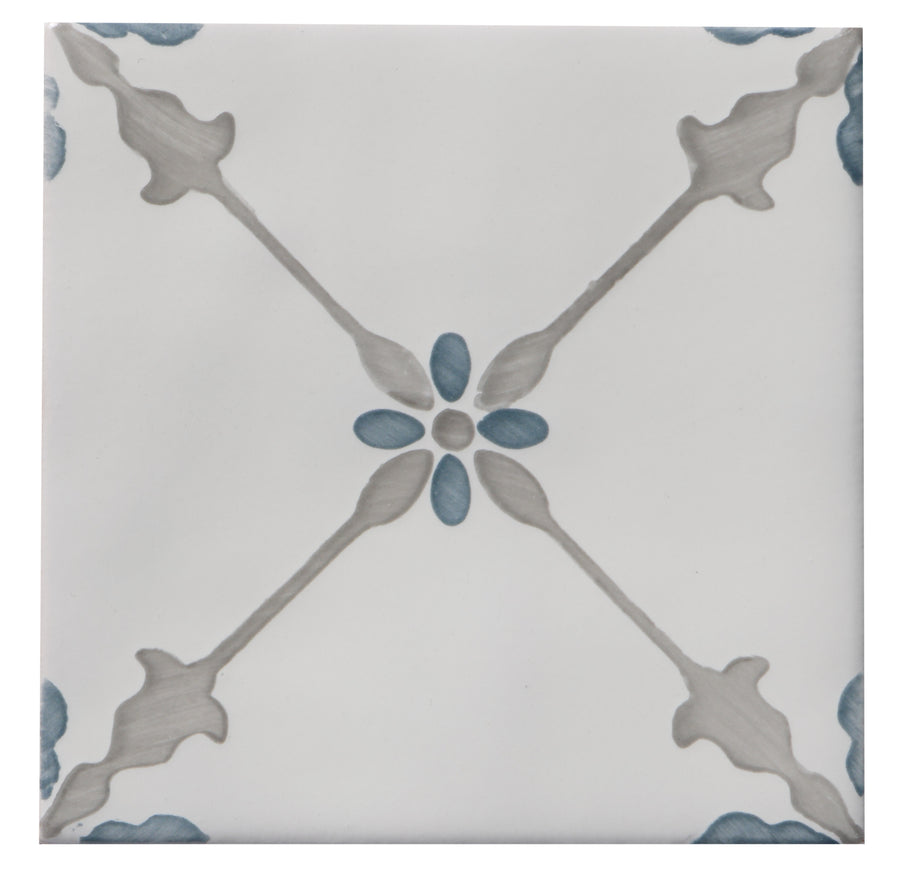 The Zephyr 4x4 Merida Deco Ceramic Tile features handcrafted luxury and a minimalist pattern with gray lines and blue floral elements, inspired by classic Mediterranean design for an elegant style.