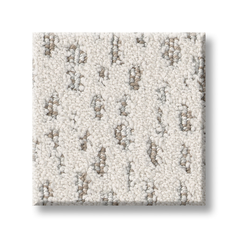 A square sample of Ambitious On Trend Carpet in light beige, showcasing textured loops with scattered dark beige and gray speckles on a white background.
