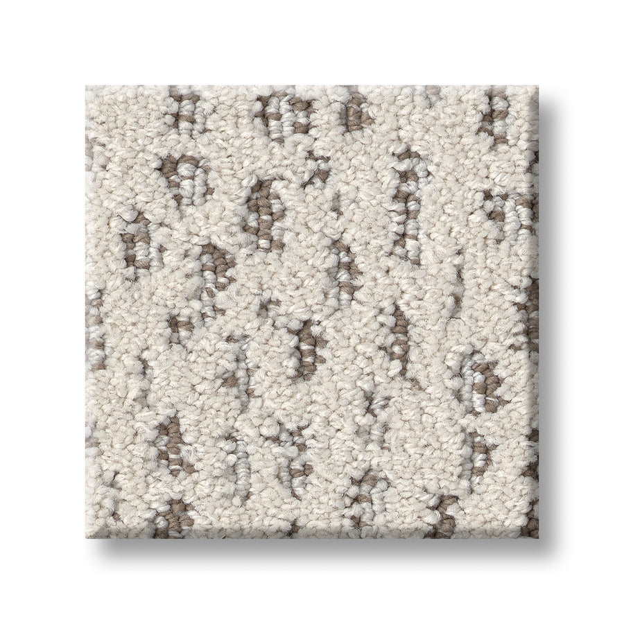 Square sample of Ambitious On Trend Carpet in cream, featuring plush softness and irregular light brown and beige speckles on a subtle abstract design. Modern style, photographed on a plain white background.