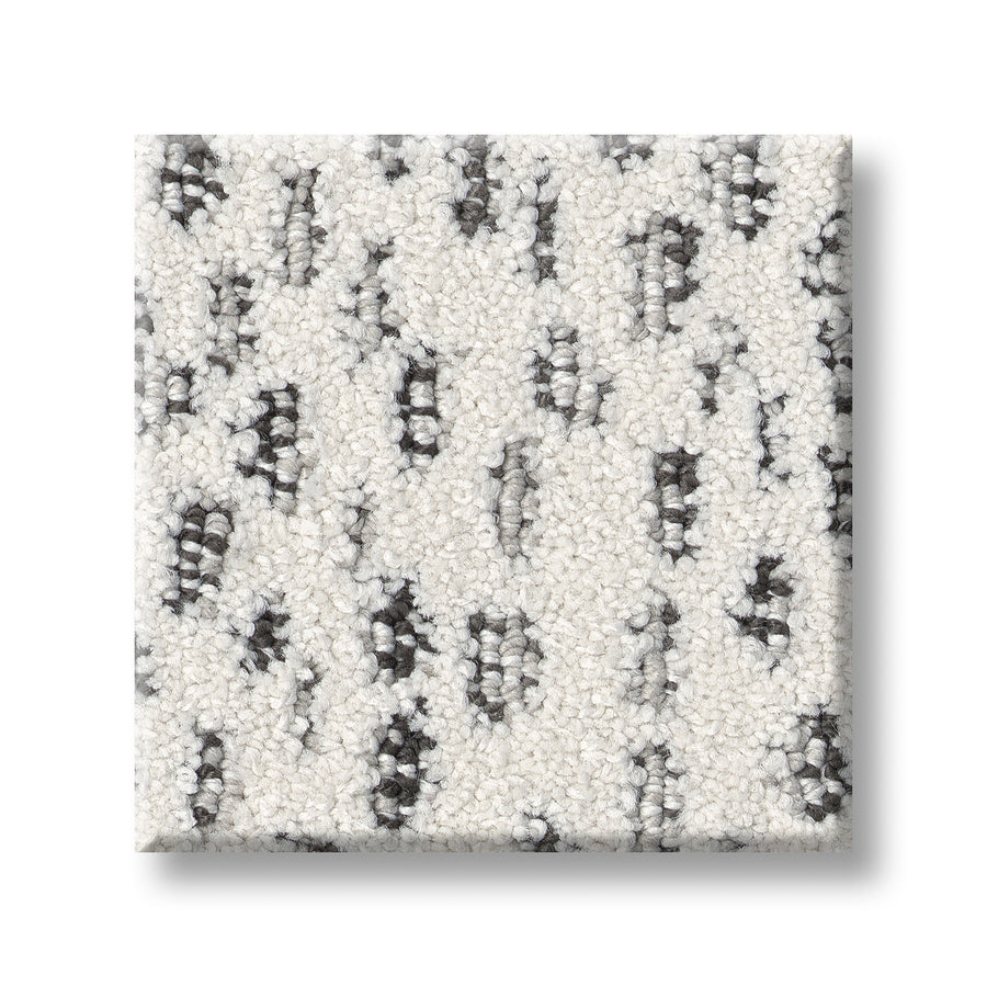 The Ambitious On Trend Carpet sample features a square shape with a light beige background and irregular dark gray and black speckles, offering a textured, modern aesthetic.