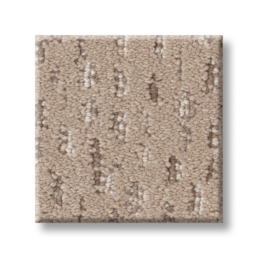 A square sample of Ambitious On Trend Carpet in beige with a textured, looped pattern and subtle light and dark shade variations, shown on a white background.