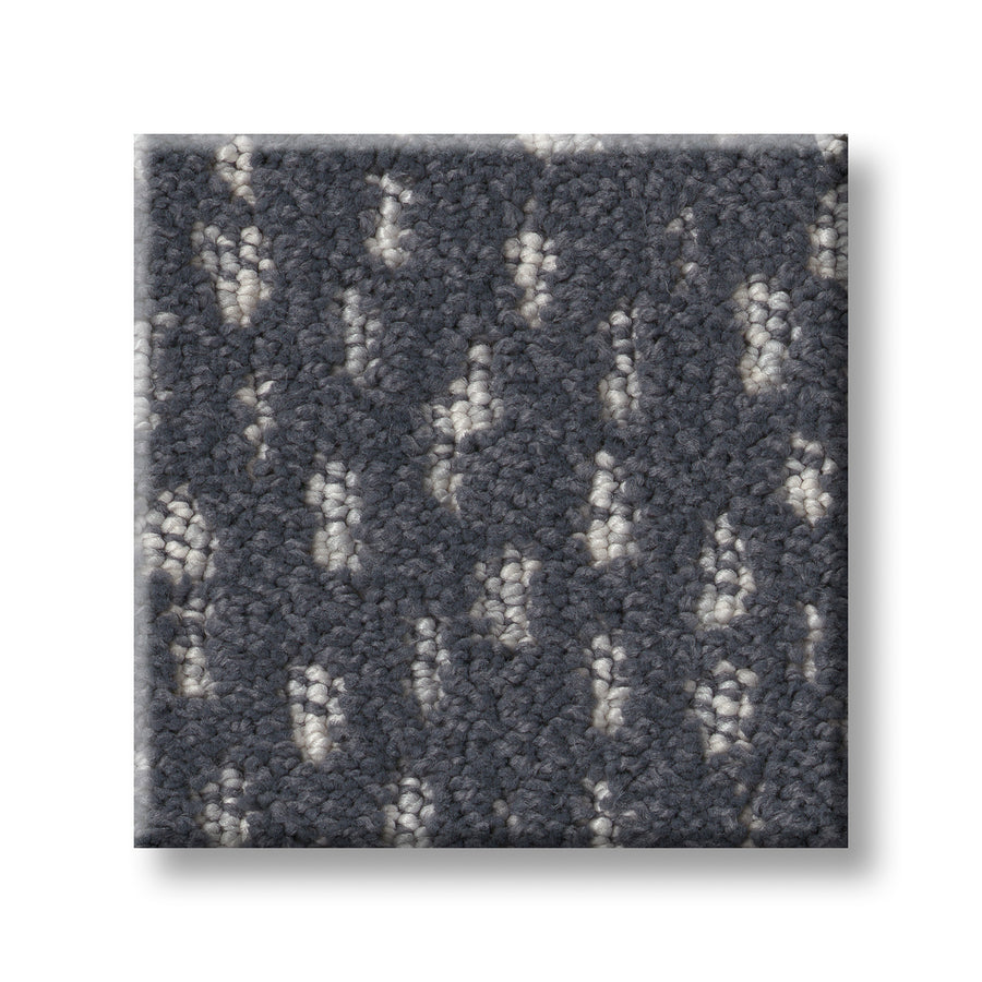 The Ambitious On Trend Carpet is a square luxury sample featuring a textured dark gray background with scattered light gray or white speckles, displayed elegantly on a white backdrop.
