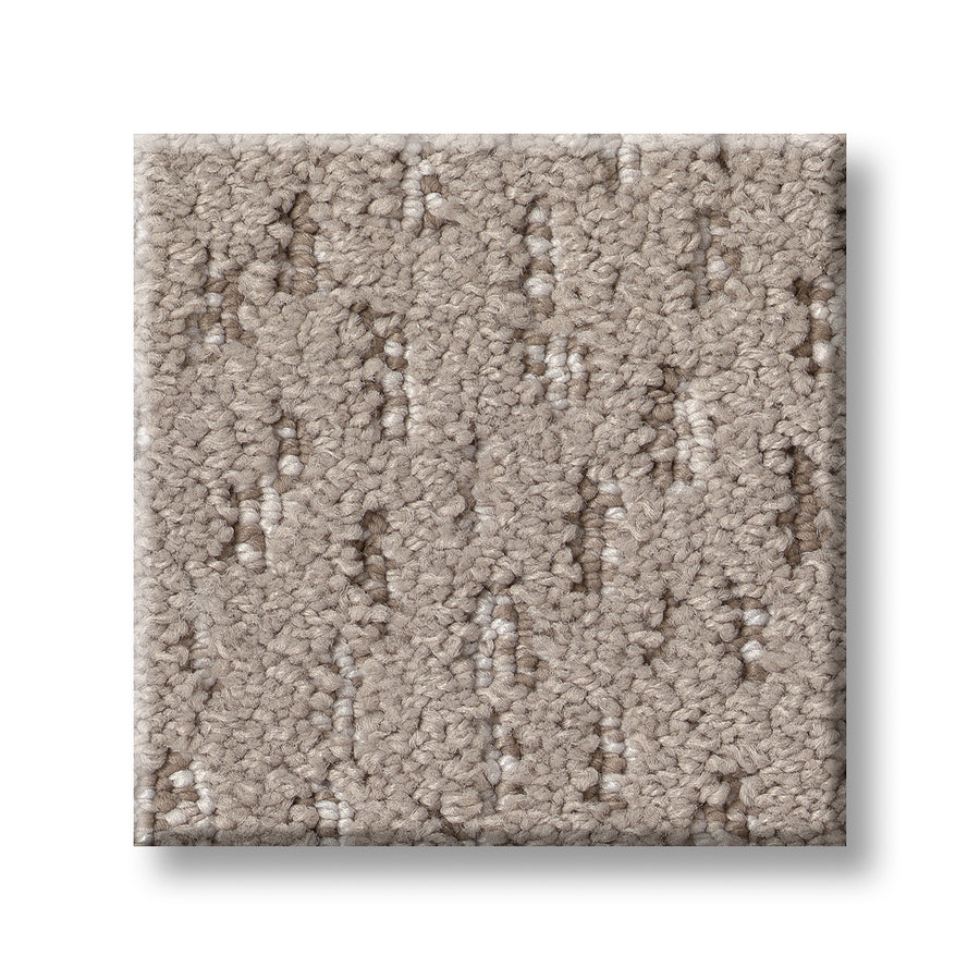 The Ambitious On Trend Carpet sample is a square luxury piece with a textured loop pattern in light beige and subtle darker beige flecks on a white background.