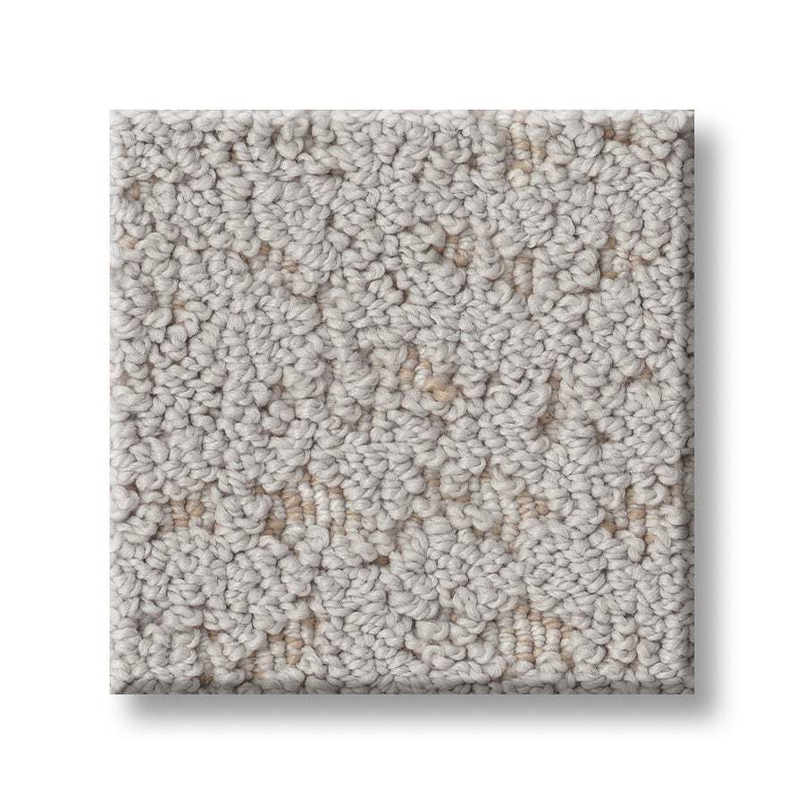A close-up of Tangent On Trend Carpet shows a light beige, loop pile texture with a subtle pattern in a square swatch against a white background.