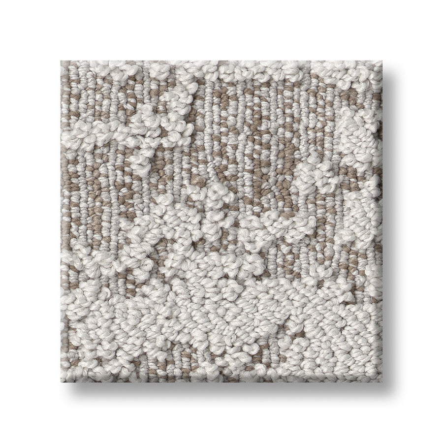 The Discover On Trend Carpet sample features a square shape with textured loop and cut pile in beige and light gray, offering contemporary patterns and a luxury feel. Clean edges frame its subtle abstract design on a white background.