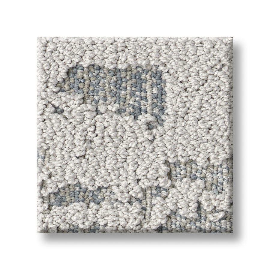 A close-up of Discover On Trend Carpet shows a square swatch in light gray and muted blue, with a plush looped surface and modern patterns—an ideal choice for adding luxury to any room.