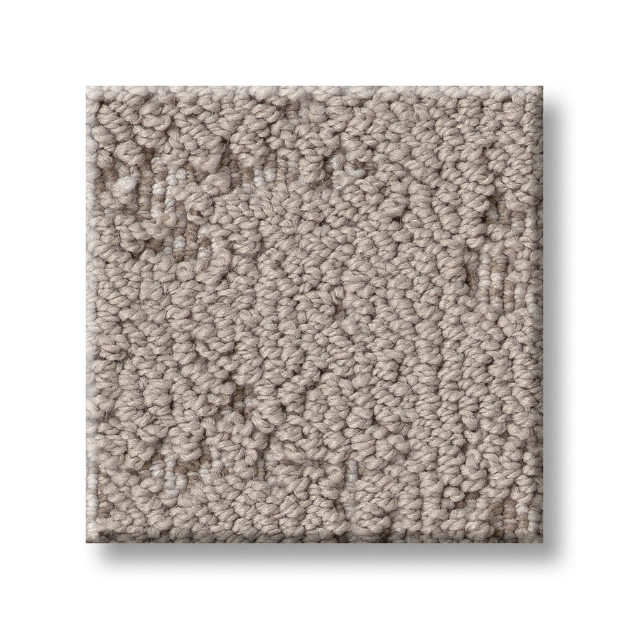 A close-up square sample of Discover On Trend Carpet, light beige with a looped pile and textured contemporary pattern, displayed against a white background.