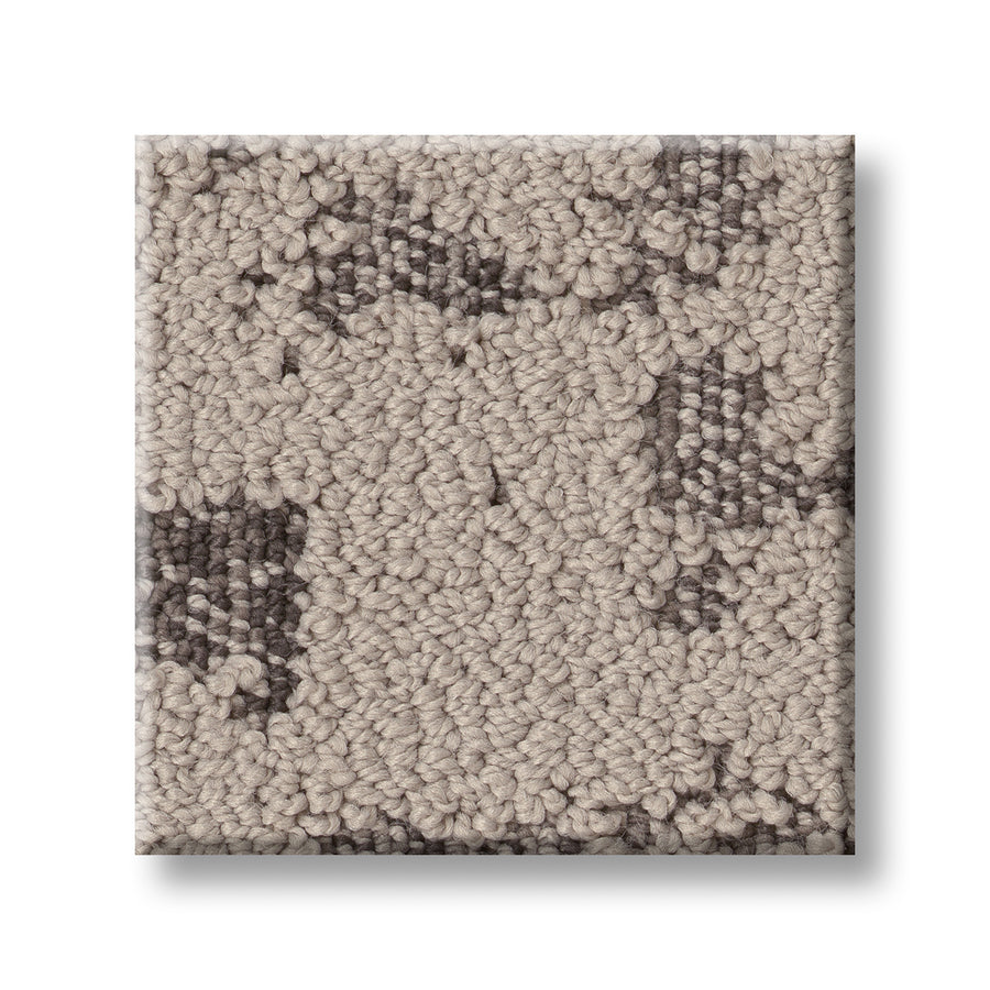 A square sample of Discover On Trend Carpet, featuring a looped pile with contemporary abstract patterns in light beige and gray on a white background for a luxurious look.