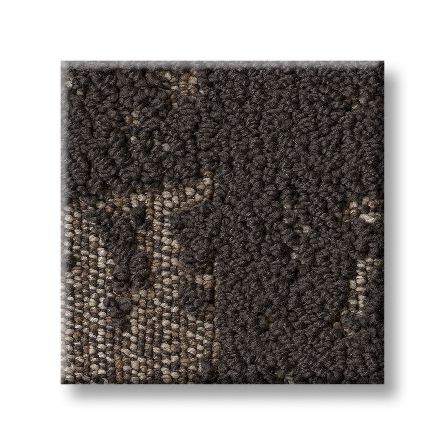 Discover On Trend Carpet is a square tile with a luxury textured looped pile in dark gray and taupe, featuring an abstract raised design over a flat background for a stylish, modern look.
