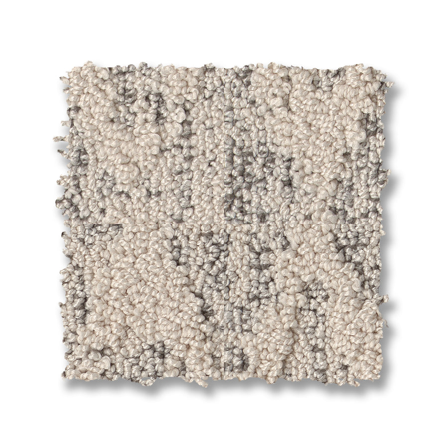 The Illumination On Trend Carpet sample features a square shape with a textured loop pile in light beige and gray tones, adding style to any space. Shown on a white background.