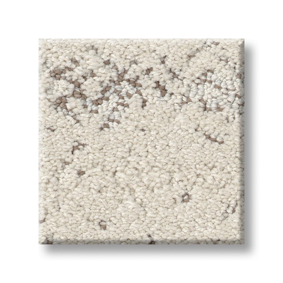 The Evoke On Trend Carpet sample features an off-white, textured looped pile with subtle gray and brown flecks, offering a luxurious look. Shown against a white background.