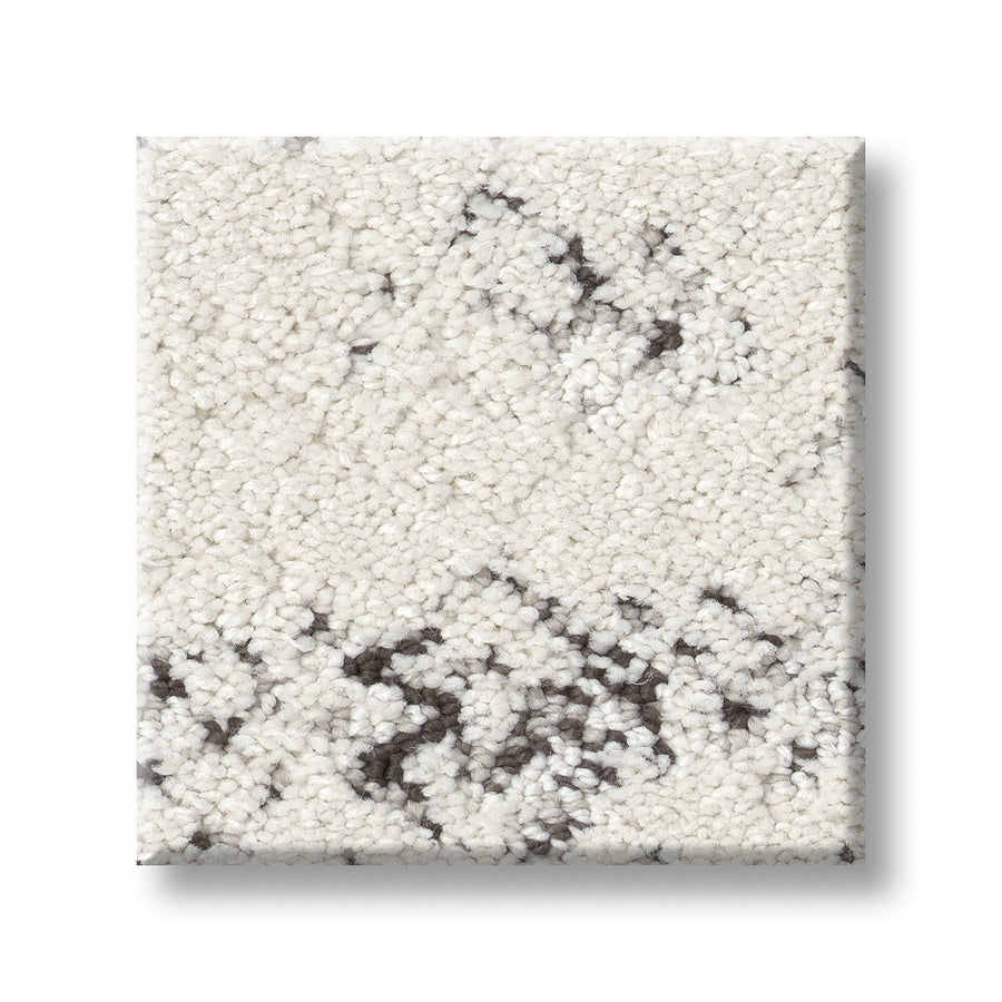 A square sample of Evoke On Trend Carpet displays a plush off-white base with irregular dark gray speckles, providing a stylish and luxurious floor covering ideal for bohemian interiors.