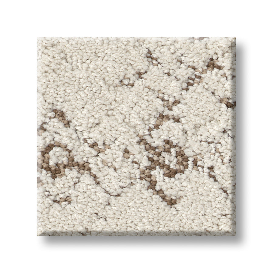 A square sample of Evoke On Trend Carpet in off-white with an irregular brown geometric pattern brings a touch of luxury and bohemian style, shown on a white background.