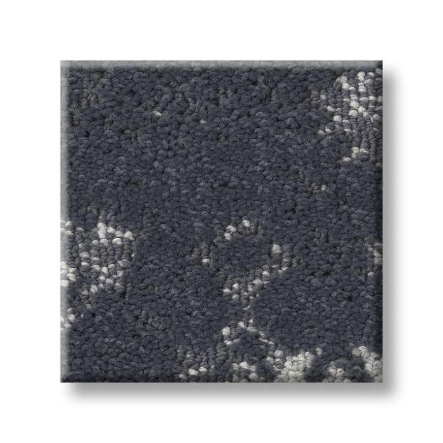 A square sample of Evoke On Trend Carpet is shown in dark gray with a textured, looped pile and subtle light gray patterns. The neatly trimmed sample sits against a plain white background.