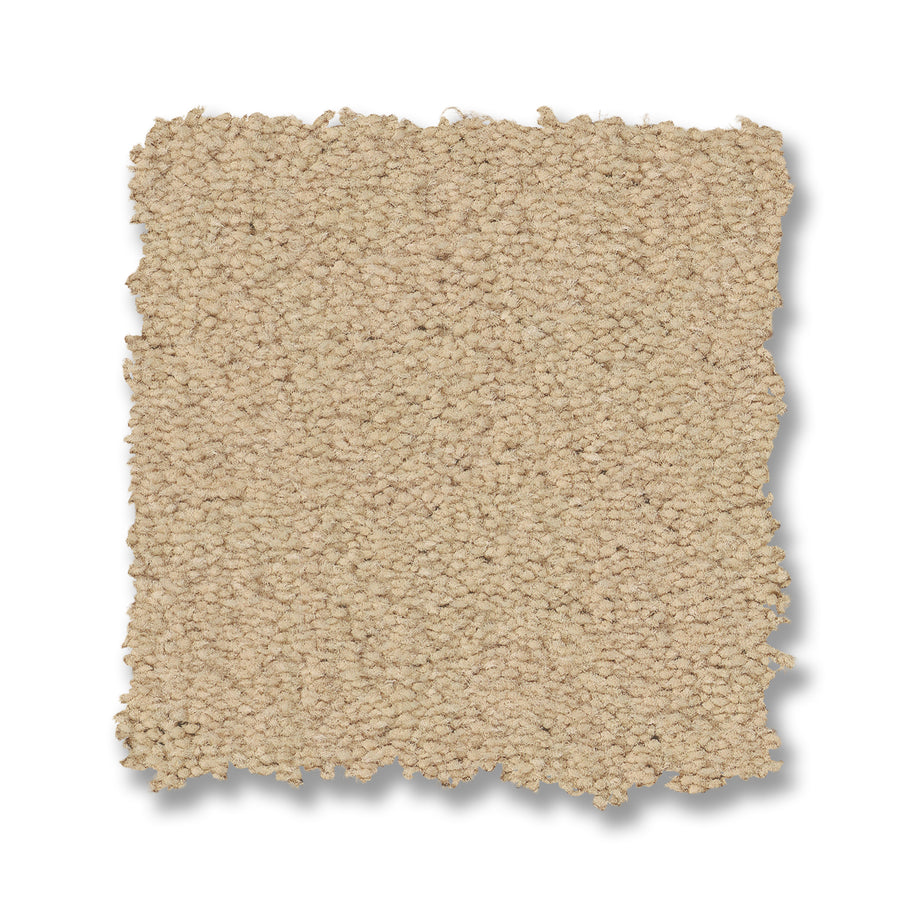 A rectangular swatch of Finery Pet Friendly Carpet in beige, featuring a textured and durable looped pile, is displayed against a white background. The swatch has uneven, slightly frayed edges.