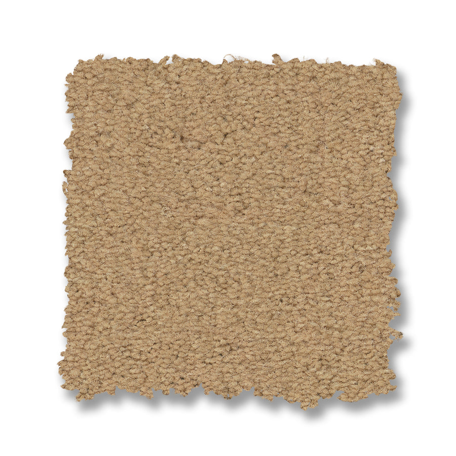 A square swatch of Finery Pet Friendly Carpet in beige, featuring textured, soft fibers and uneven, slightly frayed edges, displayed on a white background.