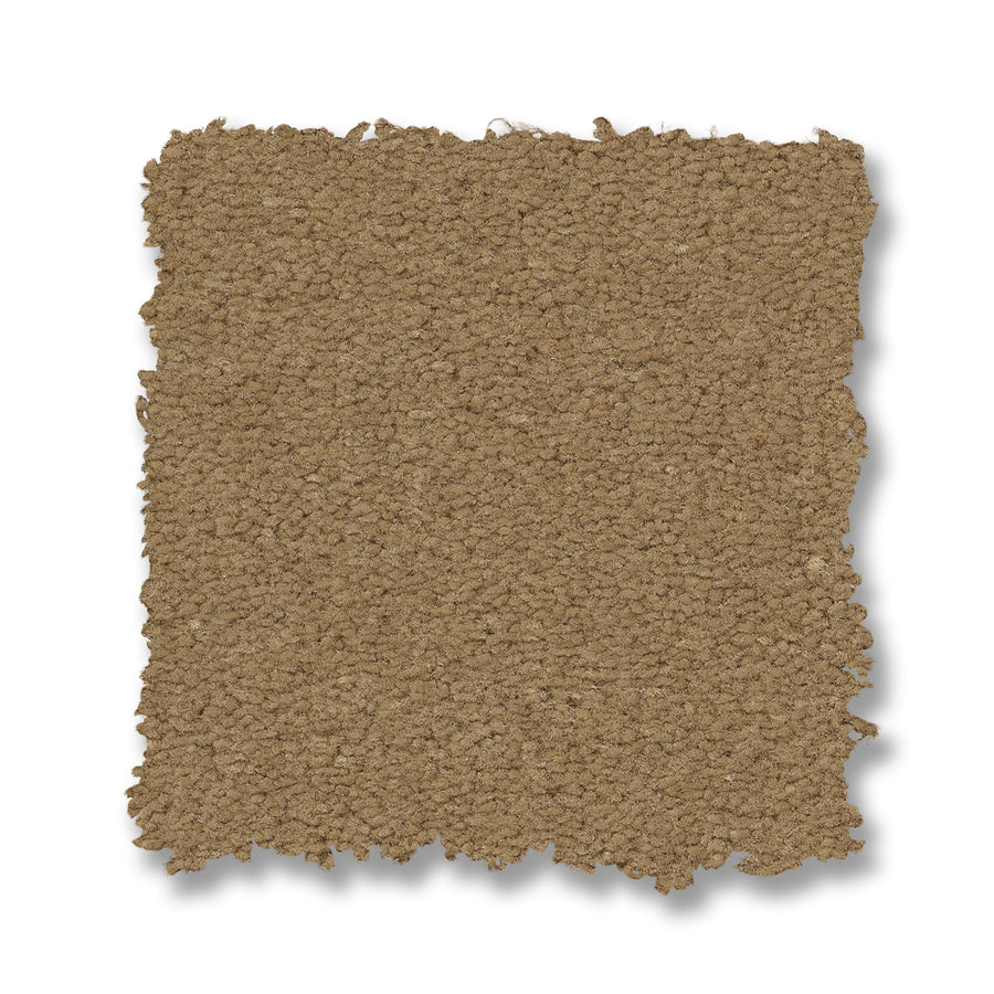 A square swatch of Finery Pet Friendly Carpet in light brown, featuring a textured, durable surface and slightly frayed edges, is displayed against a white background.